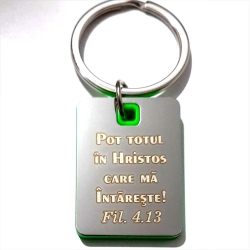 Breloc verde metalizat, Pot totul in Hristos